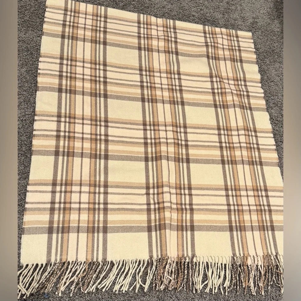 Banana Republic Plaid Fringe Scarf Shawl Wrap Beige Tan 33x80 NWOT